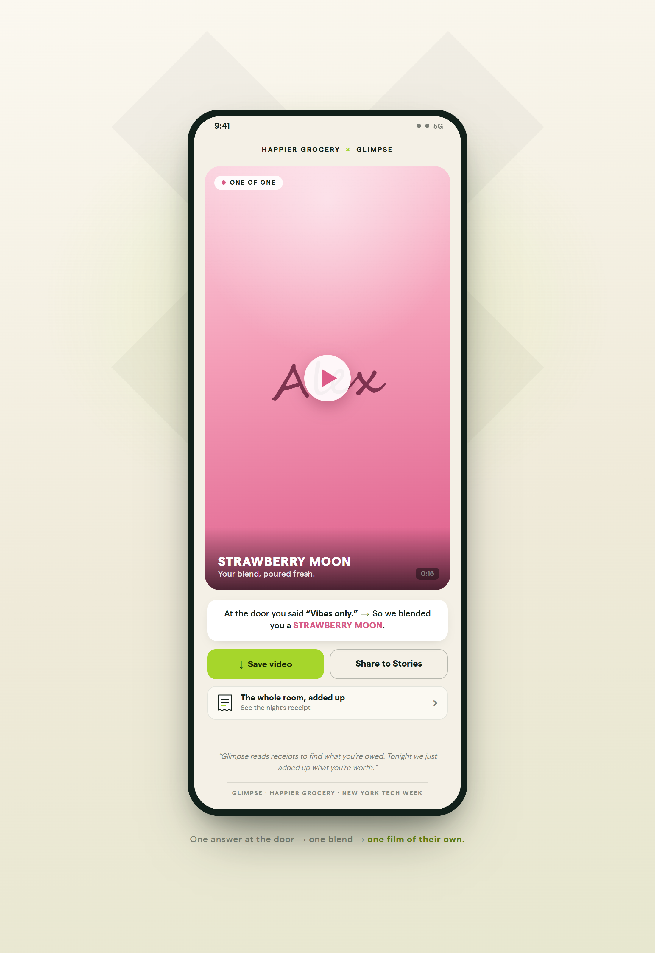 The personalized landing page each guest opened: their pour film and their receipt, both built to share